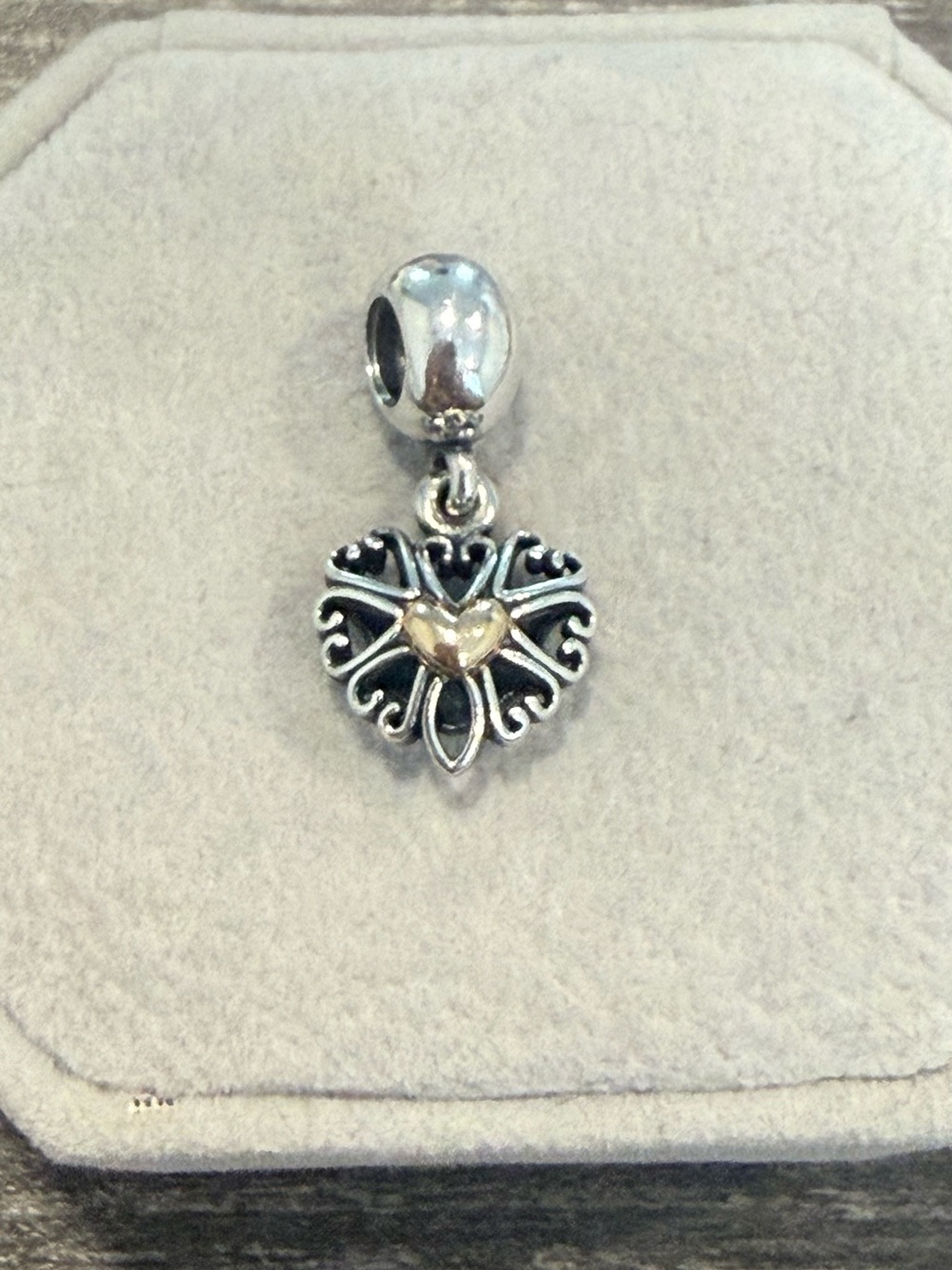 Pandora Filled with love heart silver and 14K gold dangle bead